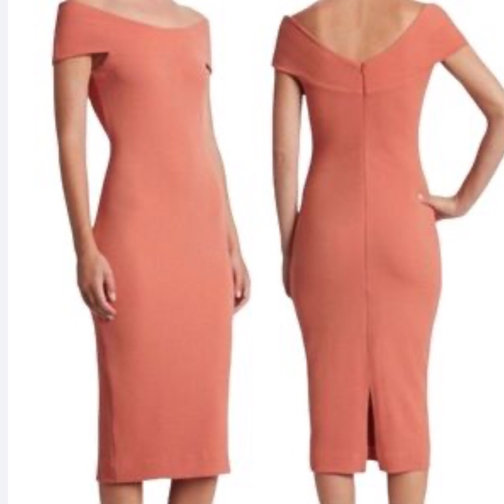 Dress the Population Off-Shoulder Midi Dress in Coral